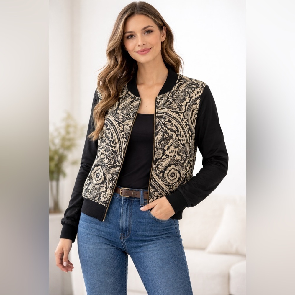 Stylish Black and Cream Paisley Bomber Jacket XL
